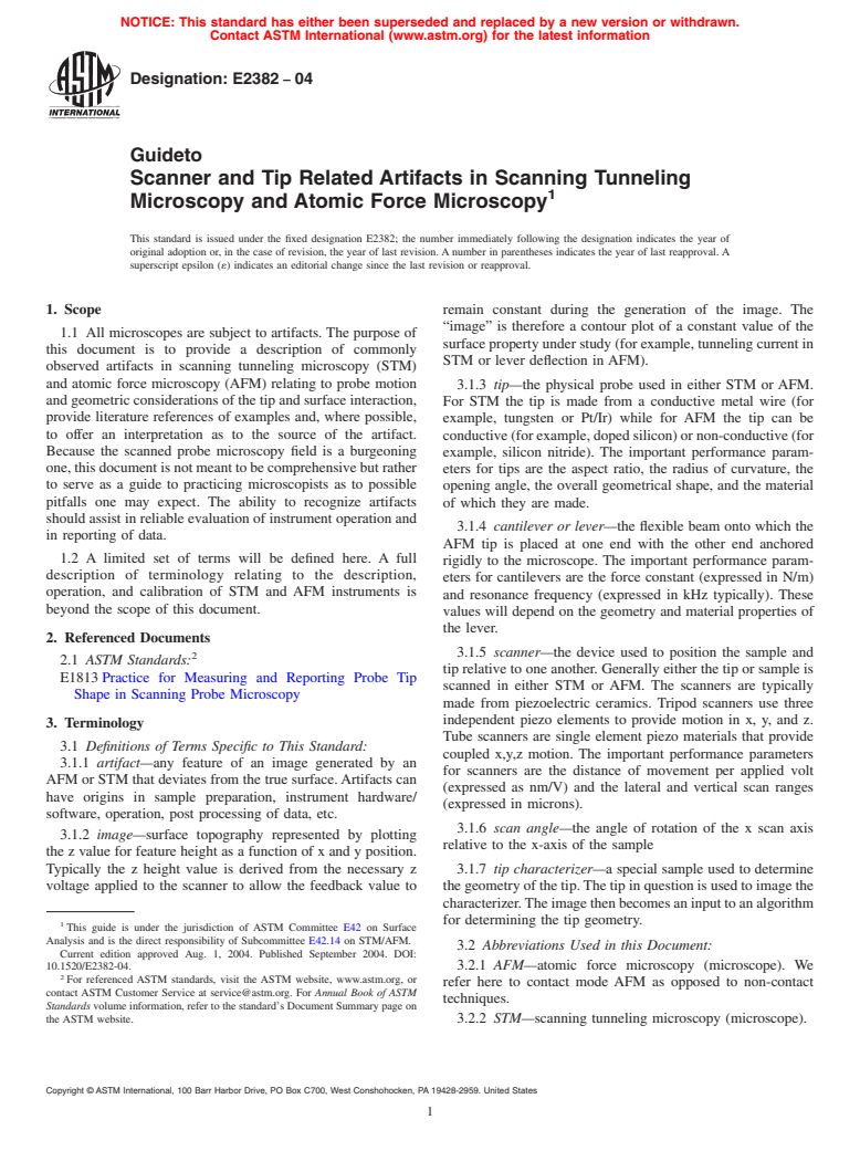 ASTM E2382-04 - Guide to Scanner and Tip Related Artifacts in Scanning Tunneling Microscopy and Atomic Force Microscopy