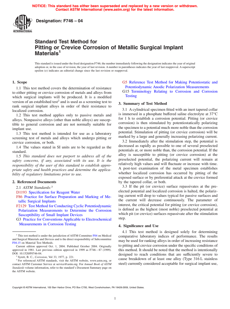 ASTM F746-04 - Standard Test Method for Pitting or Crevice Corrosion of Metallic Surgical Implant Materials