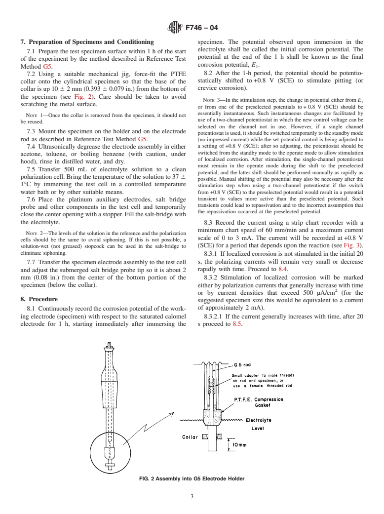 ASTM F746-04 - Standard Test Method for Pitting or Crevice Corrosion of Metallic Surgical Implant Materials