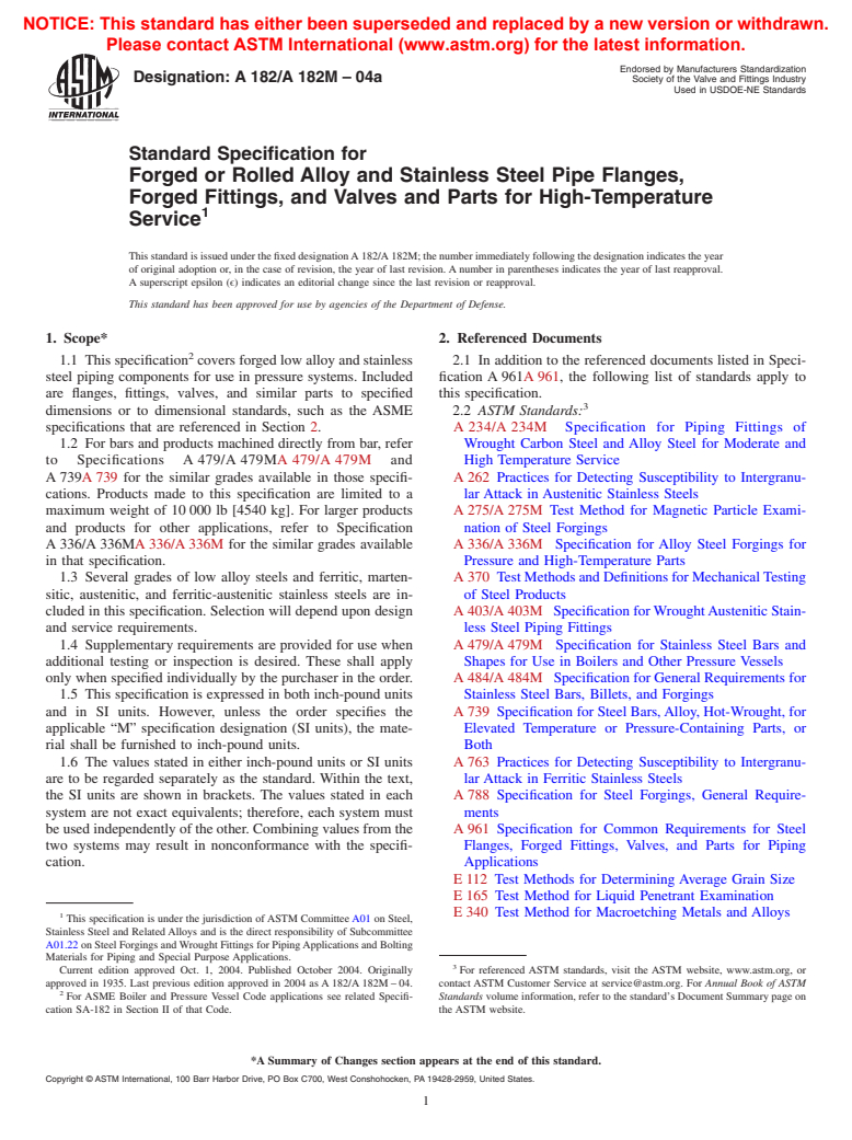 ASTM A182/A182M-04a - Standard Specification for Forged or Rolled Alloy-Steel Pipe Flanges, Forged Fittings, and Valves and Parts for High-Temperature Service