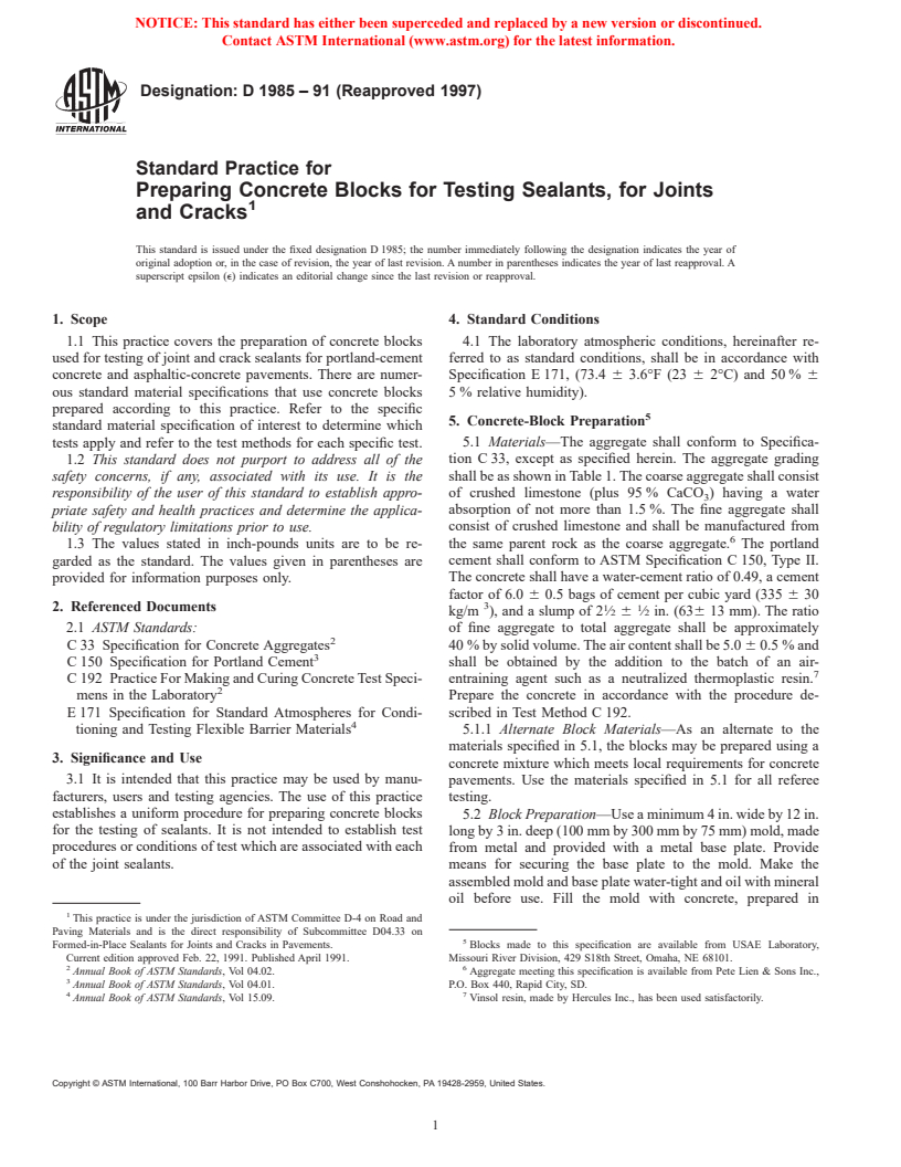 ASTM D1985-91(1997) - Standard Practice for Preparing Concrete Blocks for Testing Sealants, for Joints and Cracks