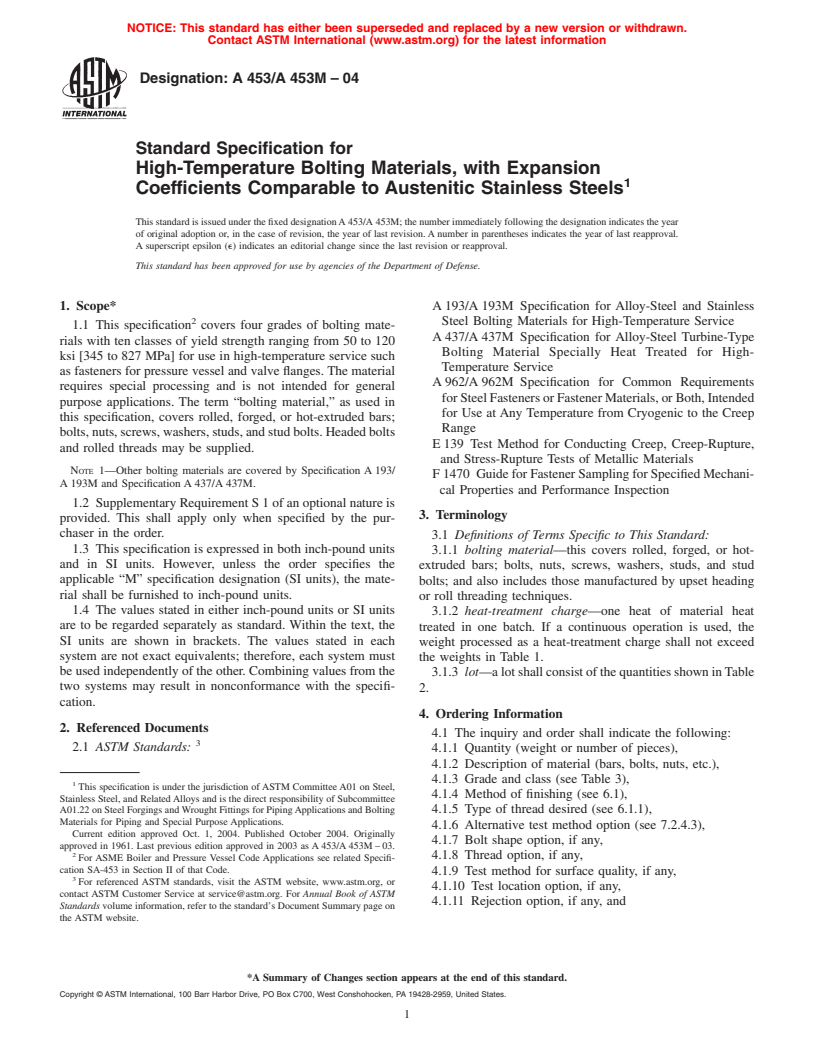 ASTM A453/A453M-04 - Standard Specification for High-Temperature Bolting Materials, with Expansion Coefficients Comparable to Austenitic Stainless Steels