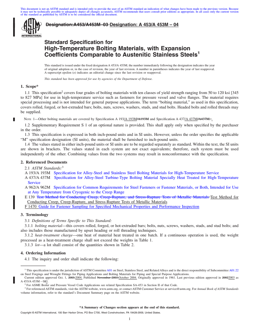 REDLINE ASTM A453/A453M-04 - Standard Specification for High-Temperature Bolting Materials, with Expansion Coefficients Comparable to Austenitic Stainless Steels
