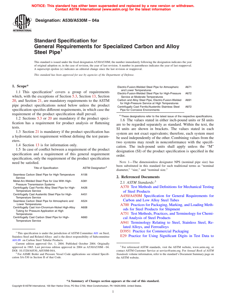 ASTM A530/A530M-04a - Standard Specification for General Requirements for Specialized Carbon and Alloy Steel Pipe