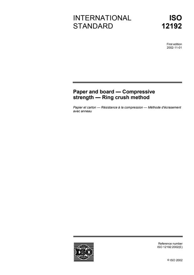 ISO 12192:2002 - Paper and board -- Compressive strength -- Ring crush method