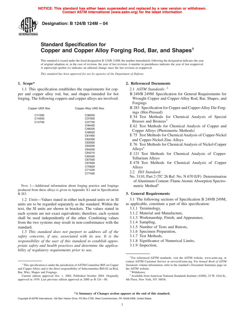 ASTM B124/B124M-04 - Standard Specification for Copper and Copper Alloy Forging Rod, Bar, and Shapes