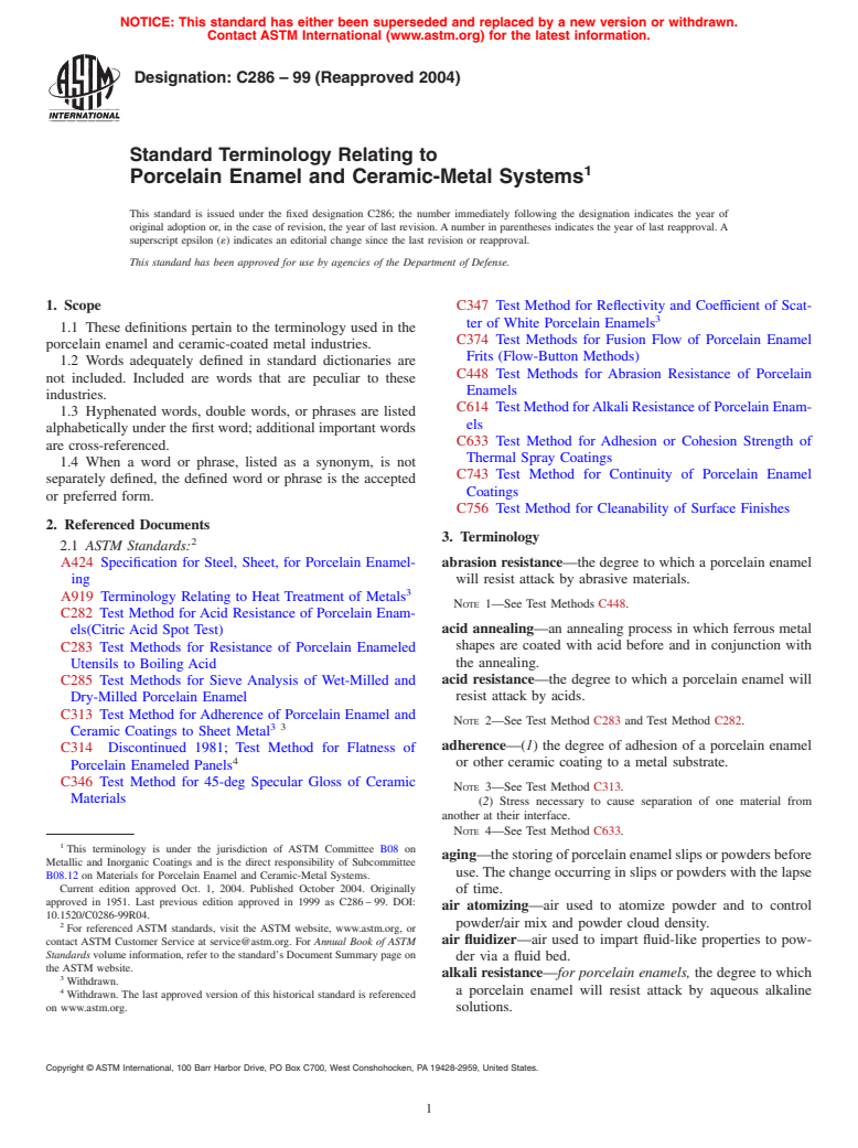 ASTM C286-99(2004) - Standard Terminology Relating to Porcelain Enamel and Ceramic-Metal Systems