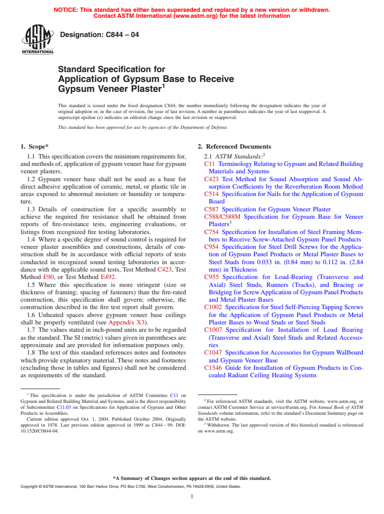 ASTM C844-04 - Standard Specification for Application of Gypsum Base to Receive Gypsum Veneer Plaster