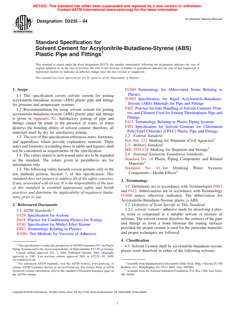 ASTM D2235-04 - Standard Specification for Solvent Cement for Acrylonitrile-Butadiene-Styrene (ABS) Plastic Pipe and Fittings