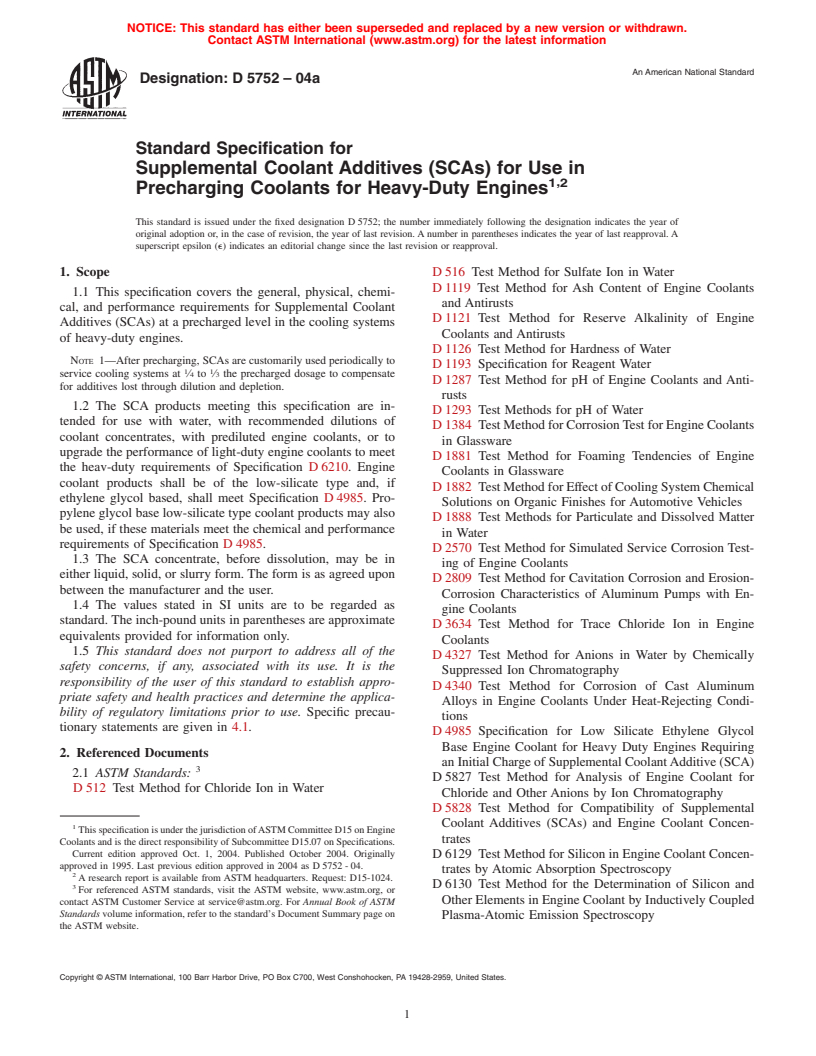 ASTM D5752-04a - Standard Specification for Supplemental Coolant Additives (SCAs) for Use in Precharging Coolants for Heavy-Duty Engines