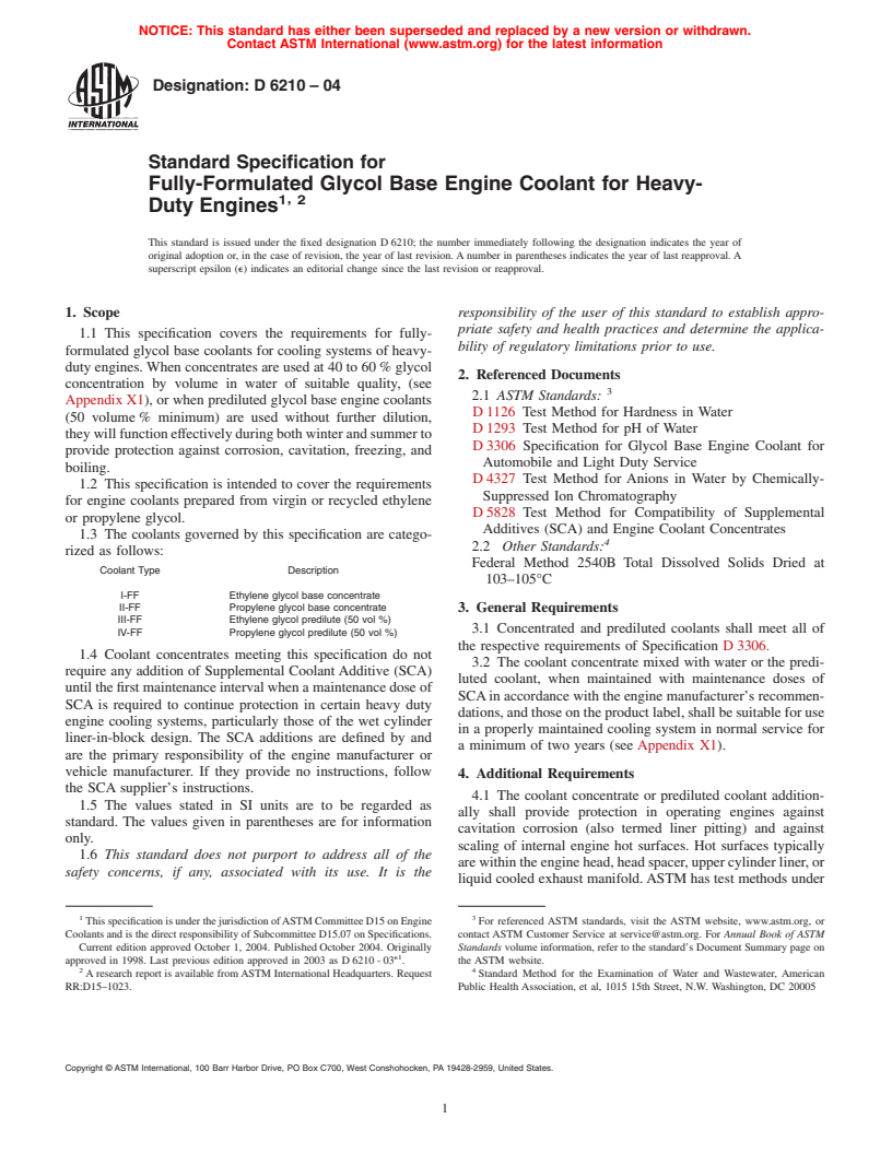 ASTM D6210-04 - Standard Specification for Fully-Formulated Glycol Base Engine Coolant for Heavy-Duty Engines