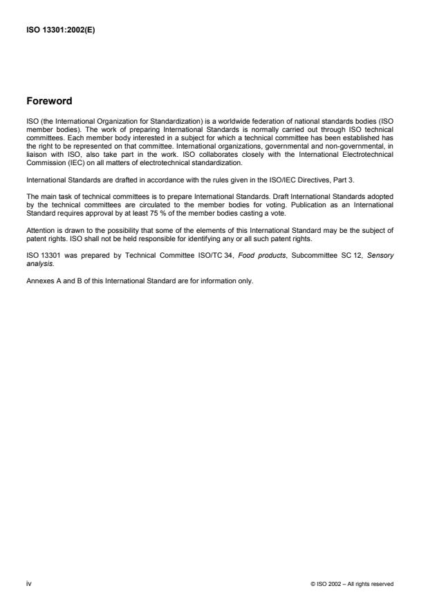 ISO 13301:2002 ISO 13301:2002 - Sensory analysis -- Methodology -- General guidance for measuring odour, flavour and taste detection thresholds by a three-alternative forced-choice (3-AFC) procedure - Page 4 preview