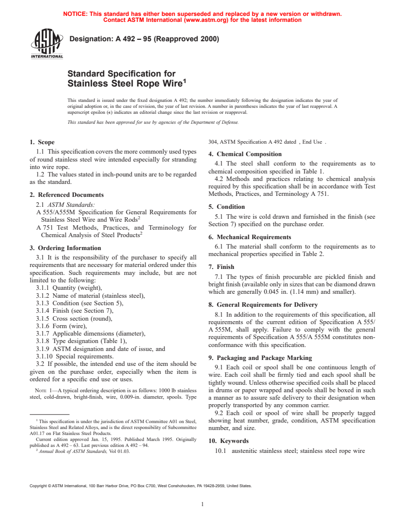 ASTM A492-95(2000) - Standard Specification for Stainless Steel Rope Wire