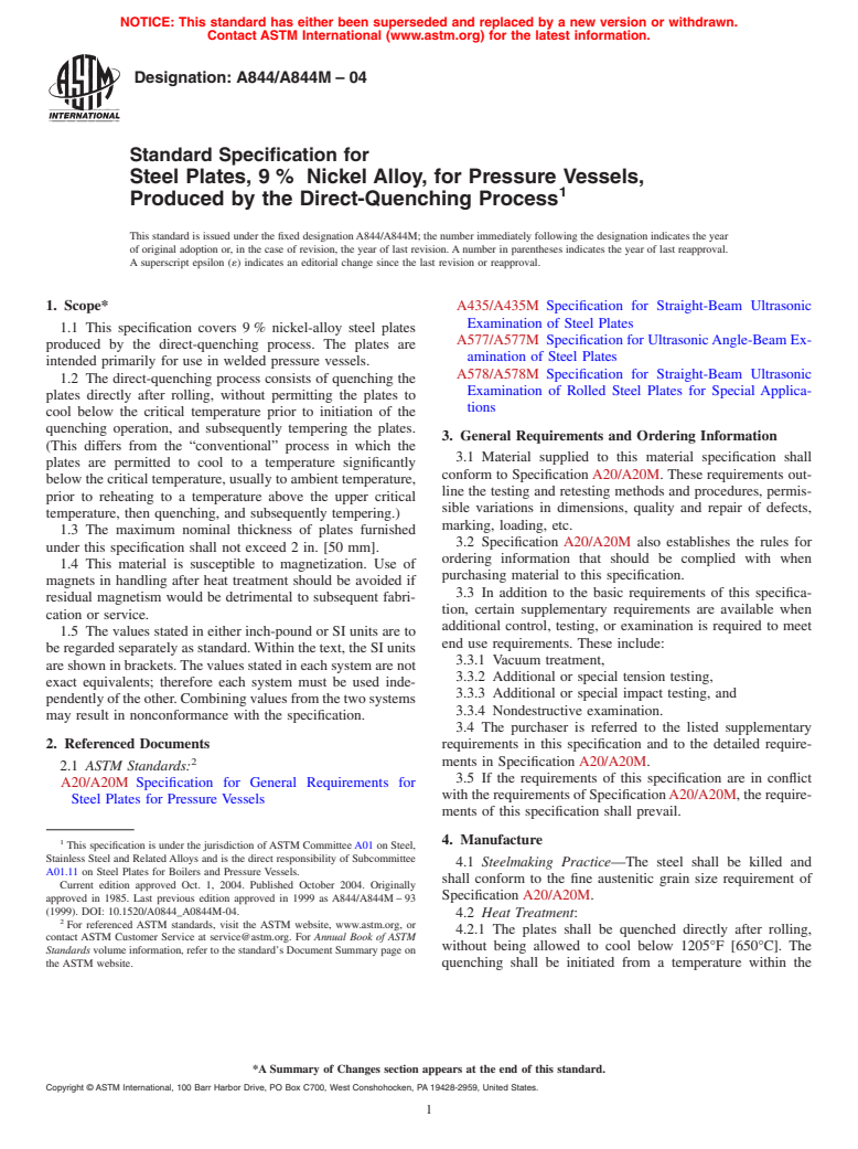 ASTM A844/A844M-04 - Standard Specification for Steel Plates, 9 %  Nickel Alloy, for Pressure Vessels, Produced by the Direct-Quenching Process