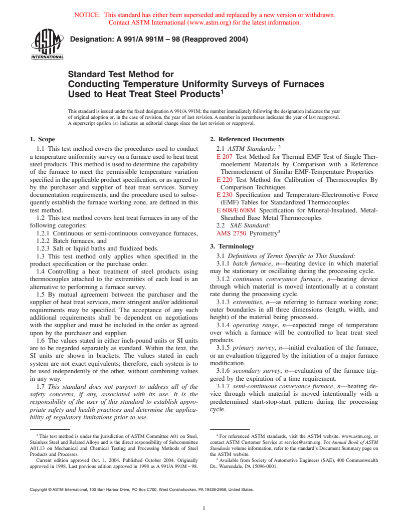 ASTM A991/A991M-98(2004) - Standard Test Method for Conducting Temperature Uniformity Surveys of Furnaces Used to Heat Treat Steel Products