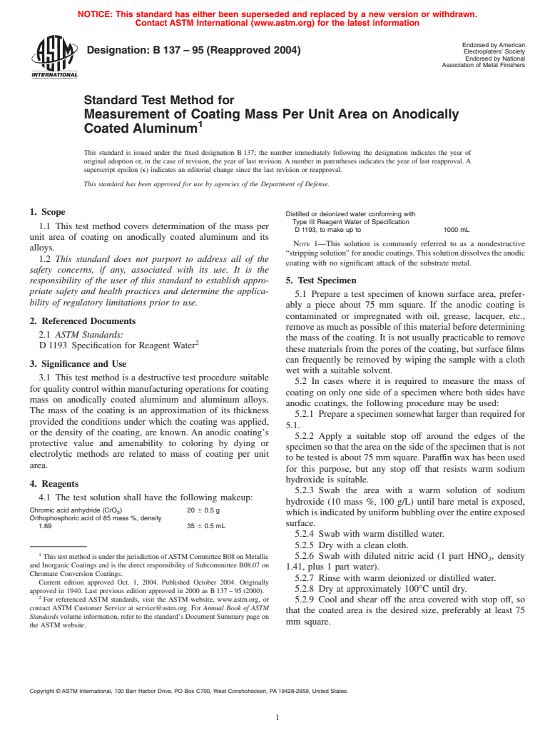 ASTM B137-95(2004) - Standard Test Method for Measurement of Coating Mass Per Unit Area on Anodically Coated Aluminum