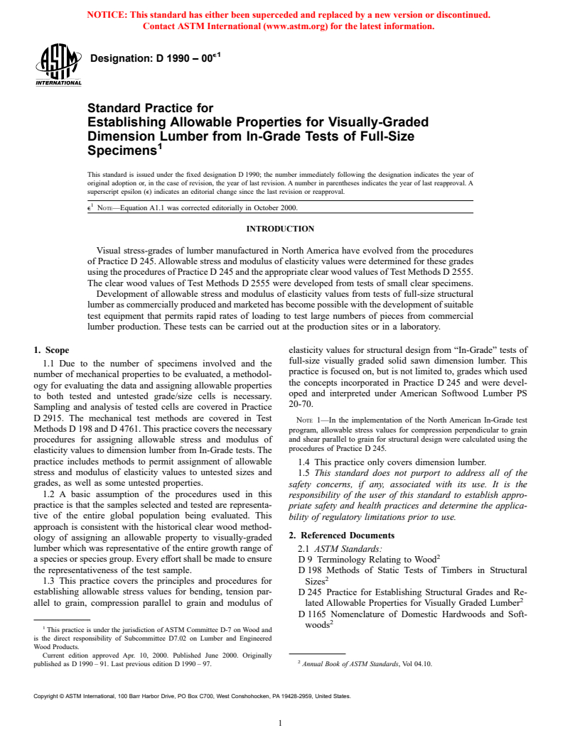 ASTM D1990-00e1 - Standard Practice for Establishing Allowable Properties for Visually-Graded Dimension Lumber from In-Grade Tests of Full-Size Specimens