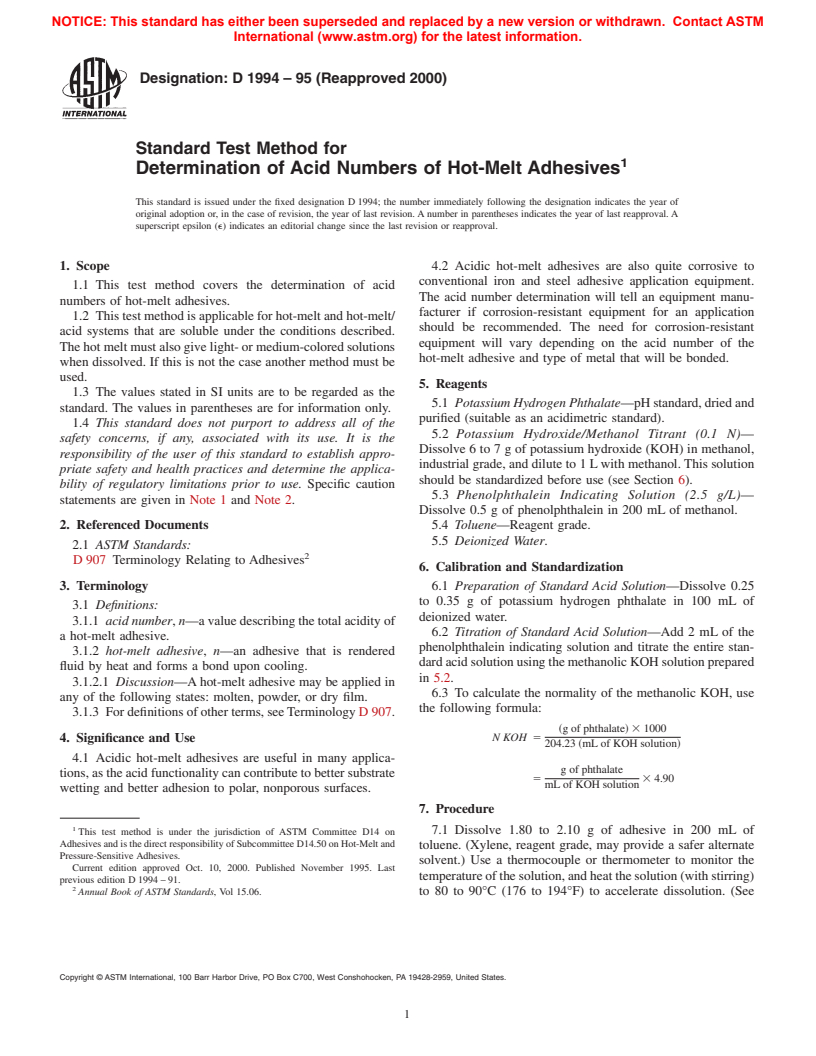 ASTM D1994-95(2000) - Standard Test Method for Determination of Acid Numbers of Hot-Melt Adhesives