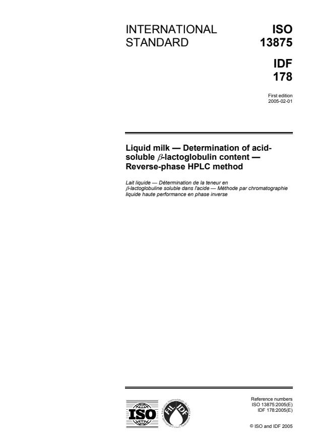 ISO 13875:2005 - Liquid milk -- Determination of acid-soluble beta-lactoglobulin content -- Reverse-phase HPLC method