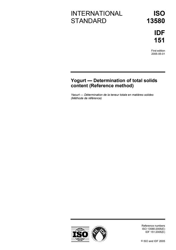 ISO 13580:2005 - Yogurt -- Determination of total solids content (Reference method)