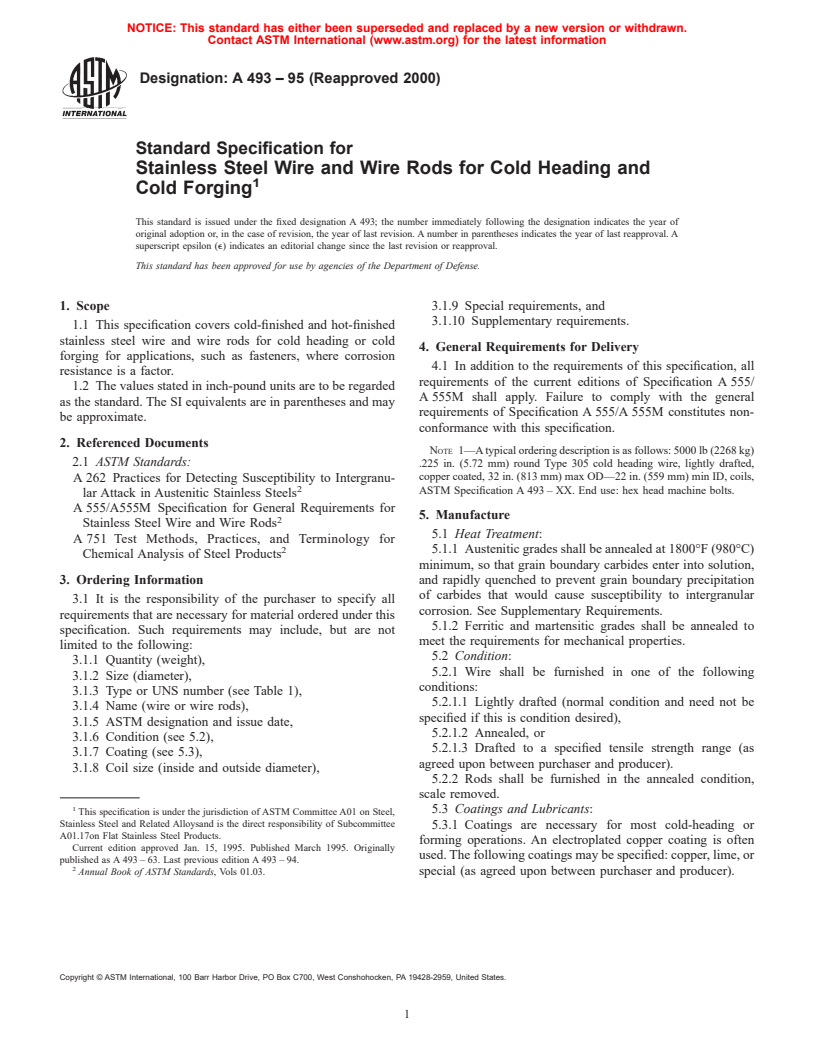 ASTM A493-95(2000) - Standard Specification for Stainless Steel Wire and Wire Rods for Cold Heading and Cold Forging