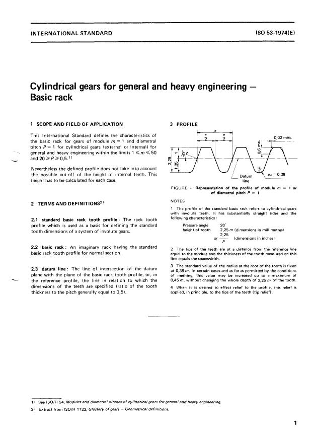 ISO 53:1974 - Cylindrical gears for general and heavy engineering -- Basic rack