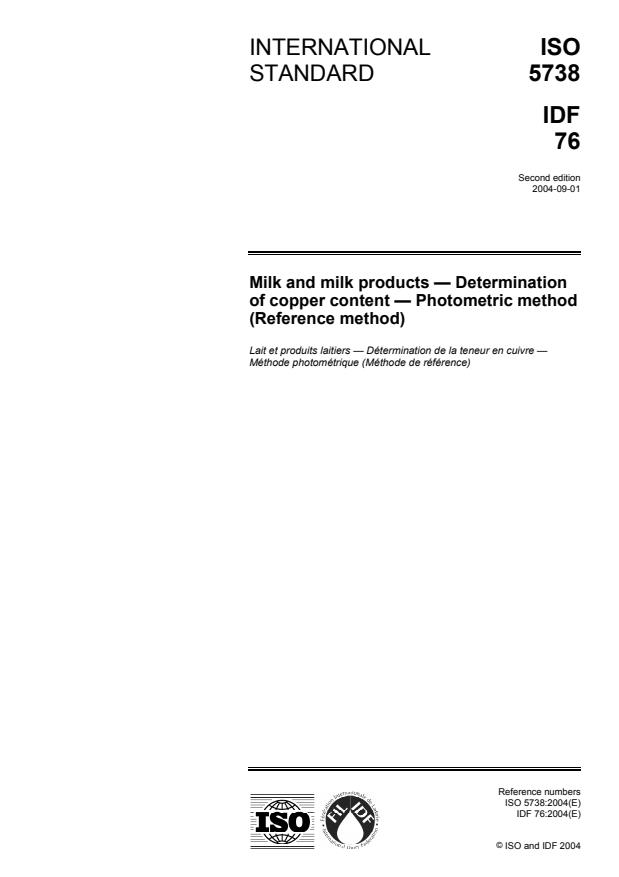 ISO 5738:2004 - Milk and milk products -- Determination of copper content -- Photometric method (Reference method)