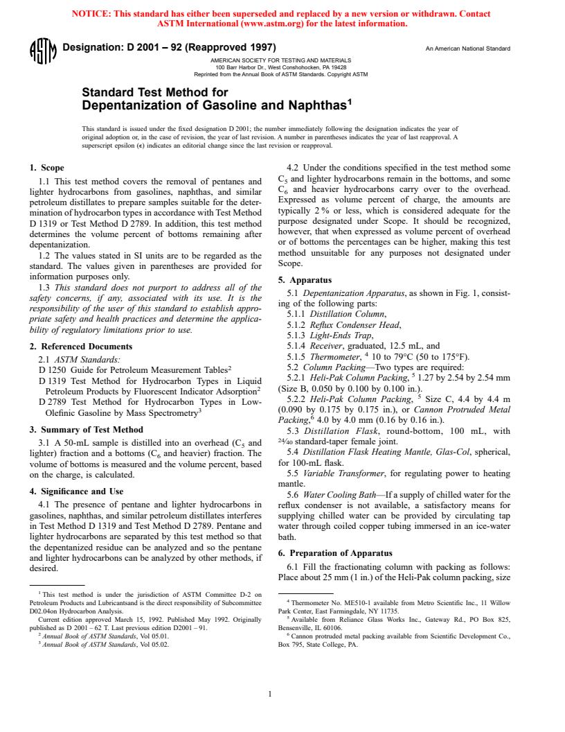 ASTM D2001-92(1997) - Standard Test Method for Depentanization of Gasoline and Naphthas