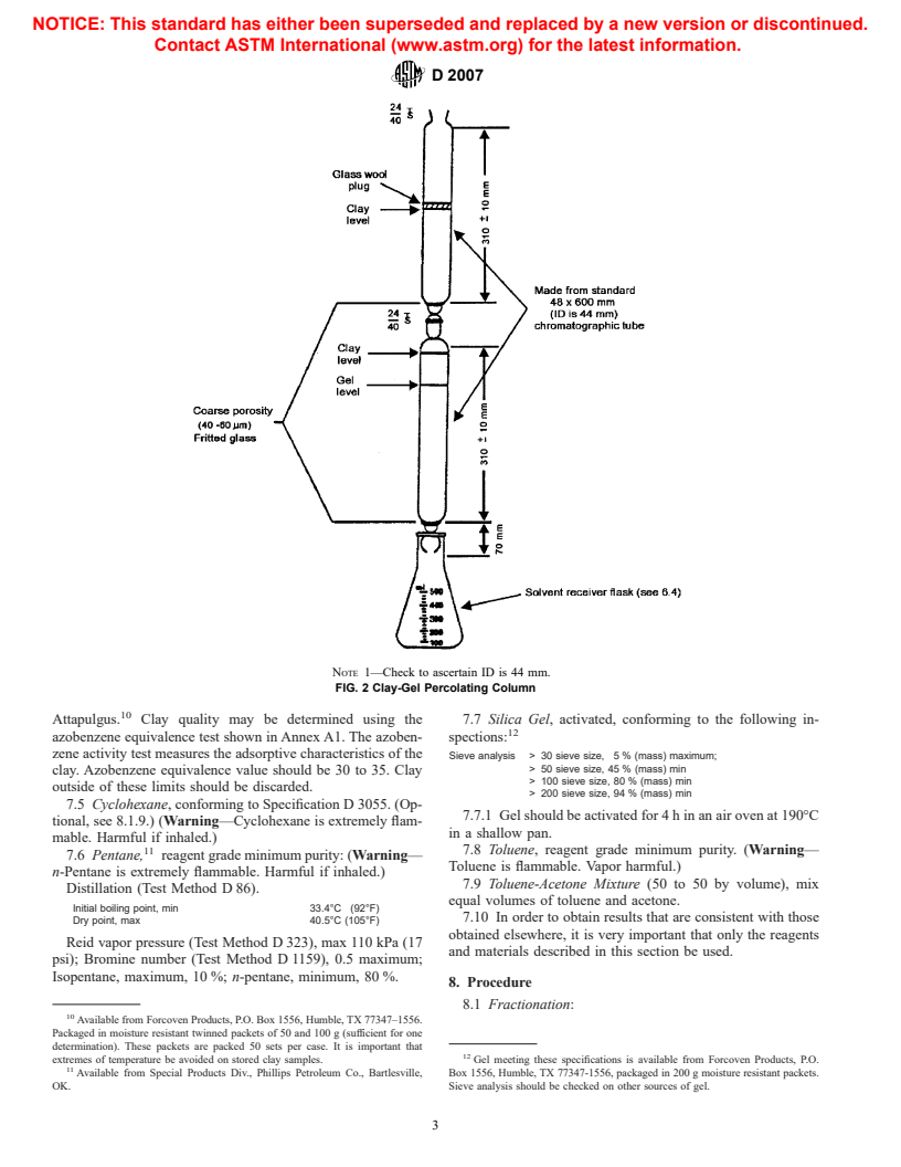 ASTM D2007-01a - Standard Test Method for Characteristic Groups in Rubber Extender and Processing Oils and Other Petroleum-Derived Oils by the Clay&#8212;Gel Absorption Chromatographic Method