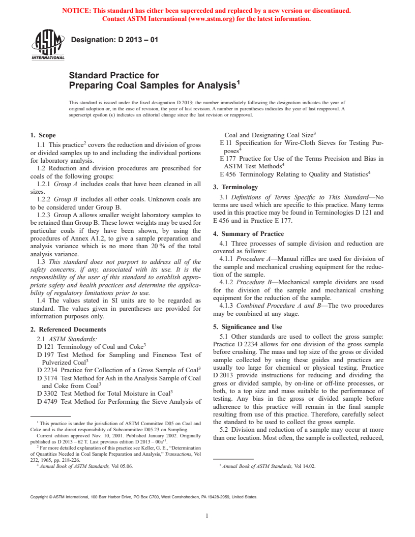 ASTM D2013-01 - Standard Practice of Preparing Coal Samples for Analysis