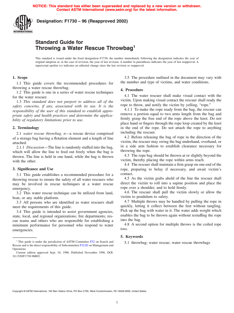 ASTM F1730-96(2002) - Standard Guide for Throwing a Water Rescue Throwbag