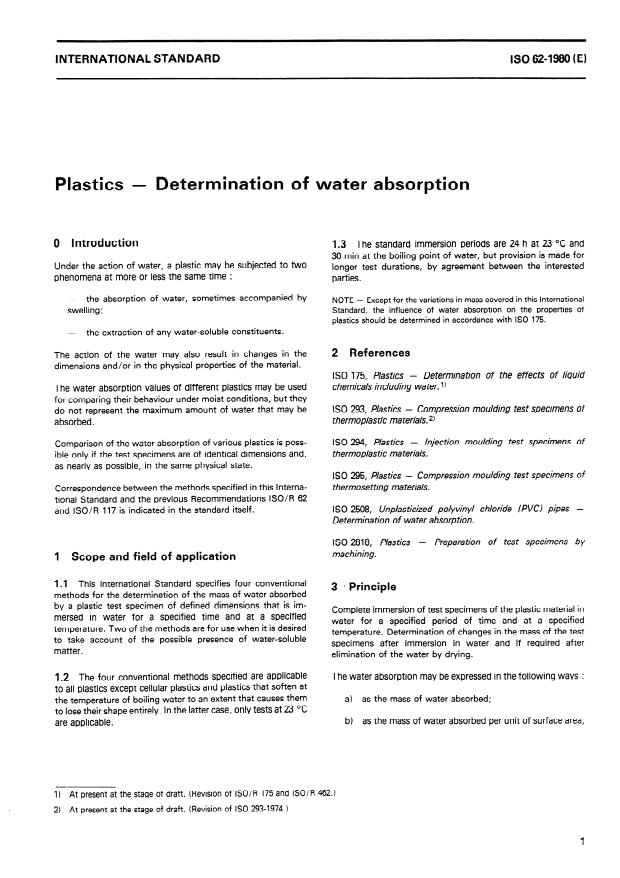 ISO 62:1980 - Plastics -- Determination of water absorption