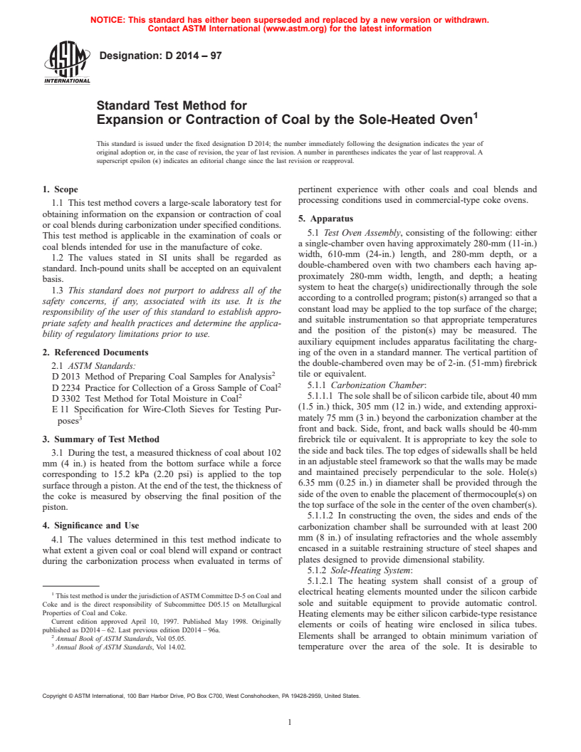 ASTM D2014-97 - Standard Test Method for Expansion or Contraction of Coal by the Sole-Heated Oven