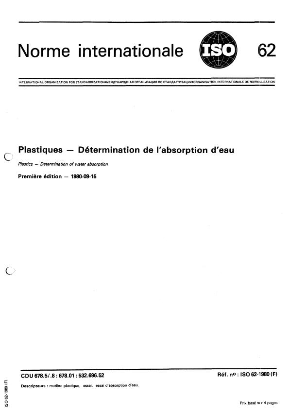 ISO 62:1980 - Plastiques -- Détermination de l'absorption d'eau