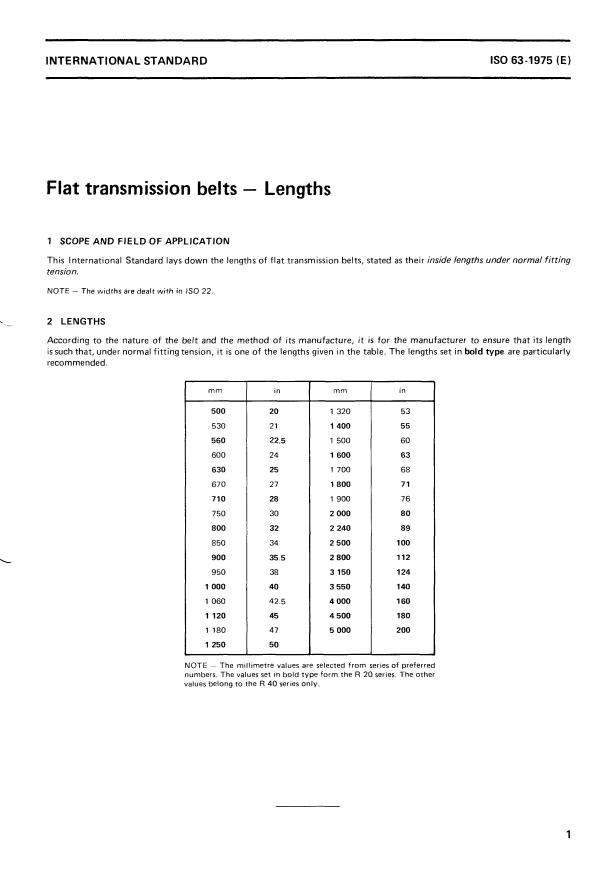 ISO 63:1975 - Flat transmission belts -- Lengths
