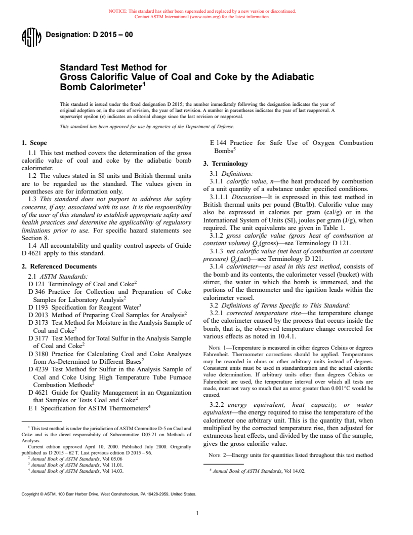 ASTM D2015-00 - Standard Test Method for Gross Calorific Value of Coal and Coke by the Adiabatic Bomb Calorimeter (Withdrawn 2000)