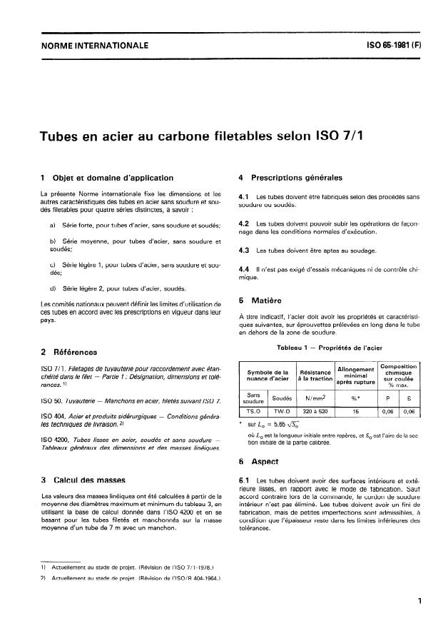 ISO 65:1981 - Tubes en acier au carbone filetables selon ISO 7-1