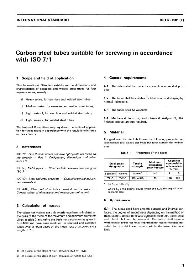 ISO 65:1981 - Carbon steel tubes suitable for screwing in accordance with ISO 7-1