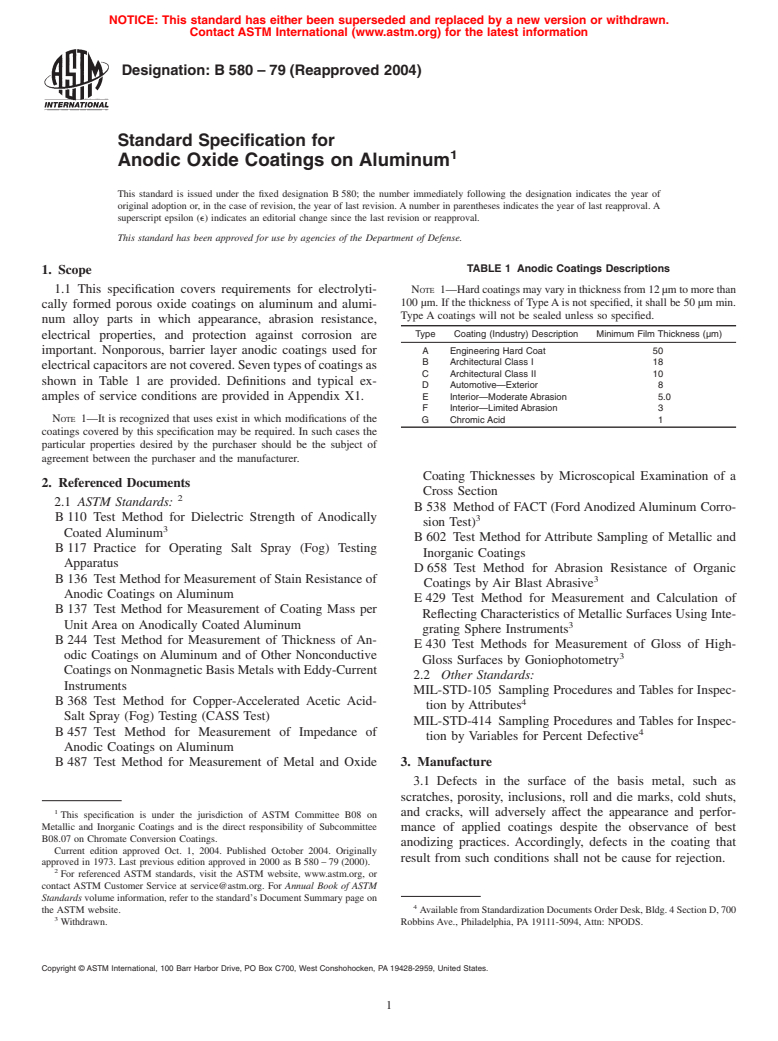 ASTM B580-79(2004) - Standard Specification for Anodic Oxide Coatings on Aluminum