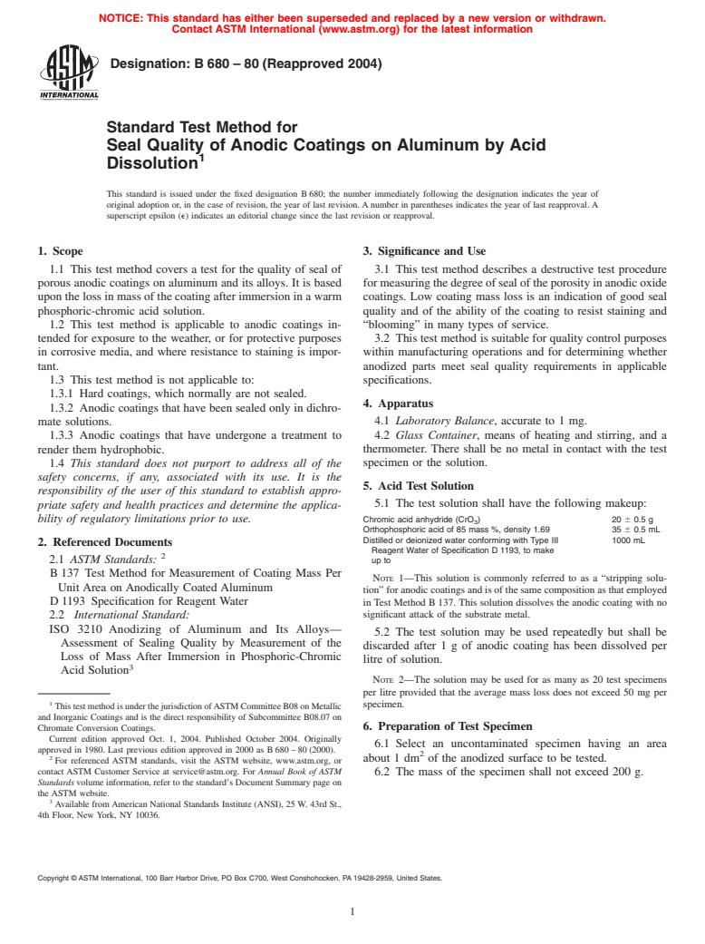 ASTM B680-80(2004) - Standard Test Method for Seal Quality of Anodic Coatings on Aluminum by Acid Dissolution