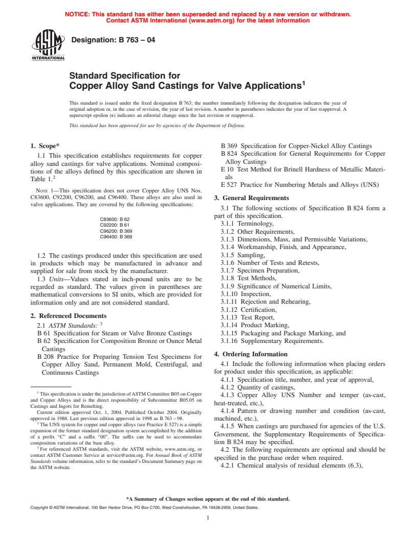 ASTM B763-04 - Standard Specification for Copper Alloy Sand Castings for Valve Applications