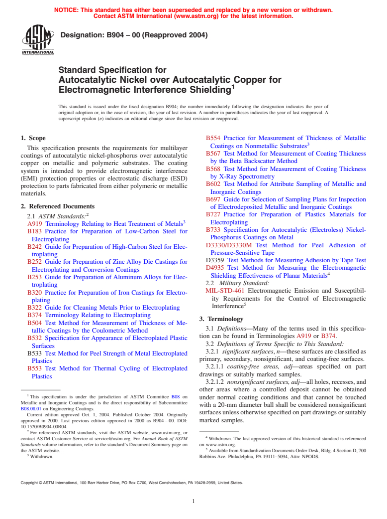 ASTM B904-00(2004) - Standard Specification for Autocatalytic Nickel over Autocatalytic Copper for Electromagnetic Interference Shielding