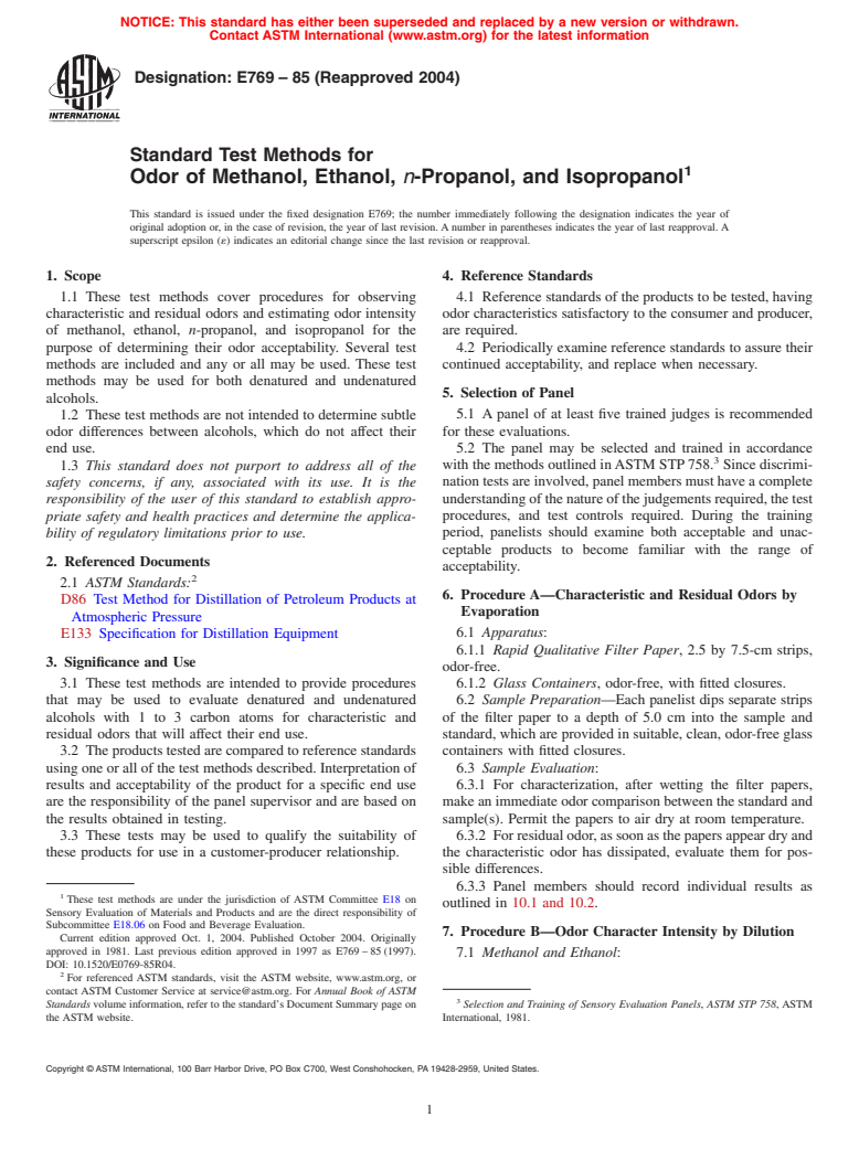 ASTM E769-85(2004) - Standard Test Methods for Odor of Methanol, Ethanol, <i>n</i>-Propanol, and Isopropanol