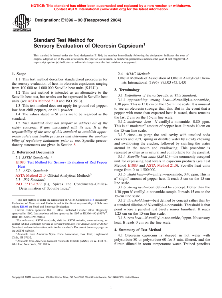 ASTM E1396-90(2004) - Standard Test Method for Sensory Evaluation of Oleoresin Capsicum