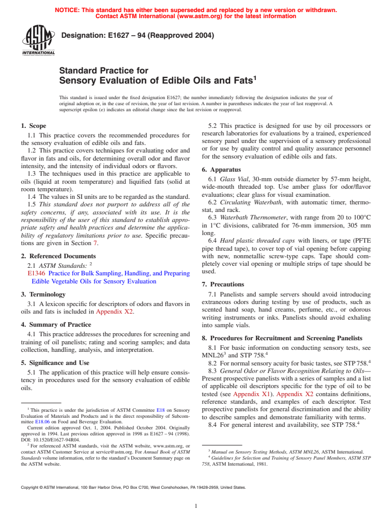 ASTM E1627-94(2004) - Standard Practice for Sensory Evaluation of Edible Oils and Fats