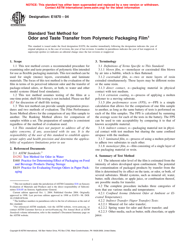 ASTM E1870-04 - Standard Test Method for Odor and Taste Transfer from Polymeric Packaging Film