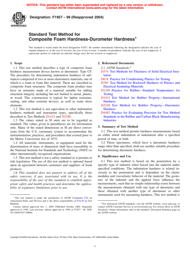 ASTM F1957-99(2004) - Standard Test Method for Composite Foam Hardness-Durometer Hardness