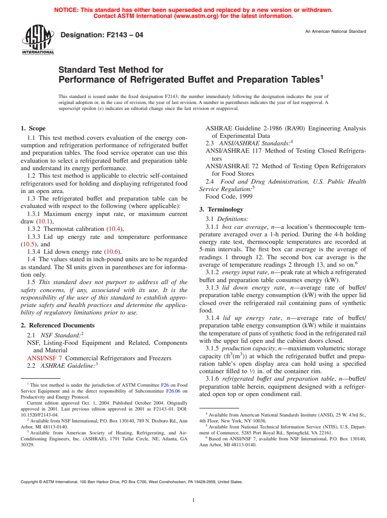 ASTM F2143-04 - Standard Test Method for Performance of Refrigerated Buffet and Preparation Tables