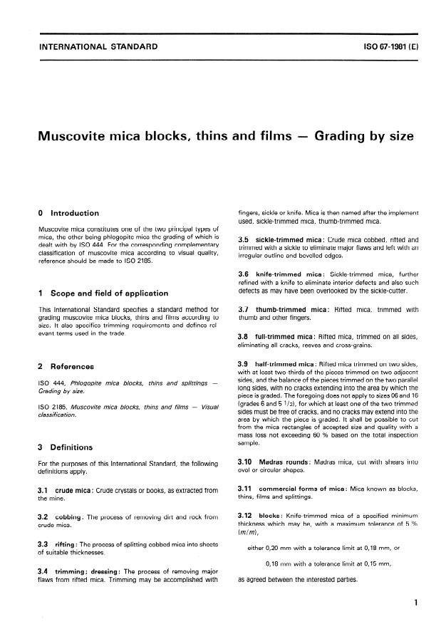 ISO 67:1981 - Muscovite mica blocks, thins and films -- Grading by size