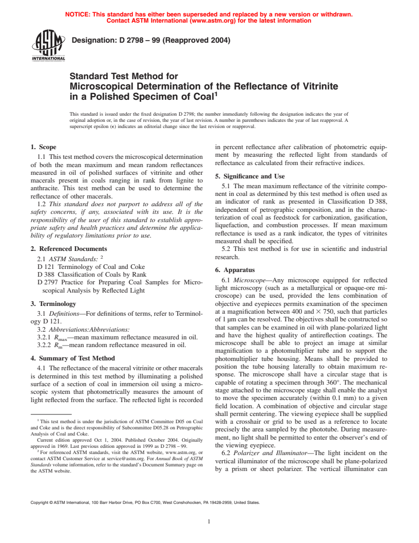 ASTM D2798-99(2004) - Standard Test Method for Microscopical Determination of the Reflectance of Vitrinite in a Polished Specimen of Coal